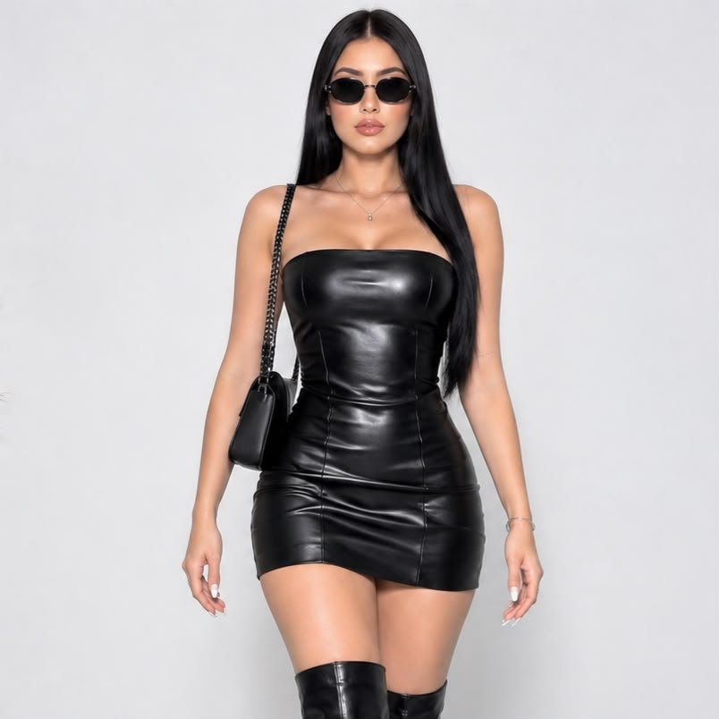 Vestido en Cuerina Straple con Cortes Delanteros