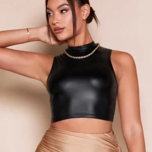 Blusas Elegante Corta con Cuello Alto Cuerina