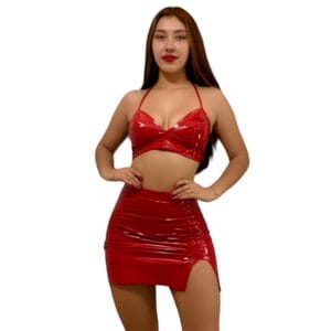 Conjunos  Sexy Crop Top y Falda Corta  en Charol