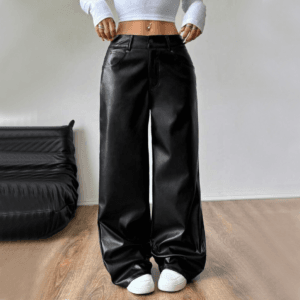 Pantalon Ancho Elegante en Cuerina Con Bolsillos