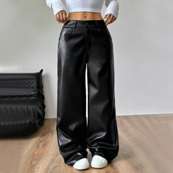 Pantalon Ancho Elegante en Cuerina Con Bolsillos