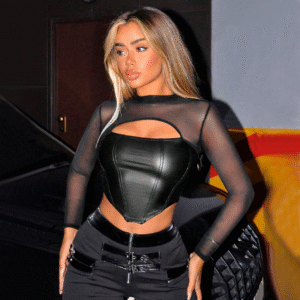 Blusa Tipo Corset en Cuerina con Malla Tex en Mangas