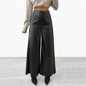 Pantalón Cuerina Elegante Corte Ancho con Pretina Alta