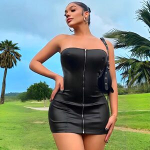 Vestido  Strapless con Cortes y Cierre Plateado