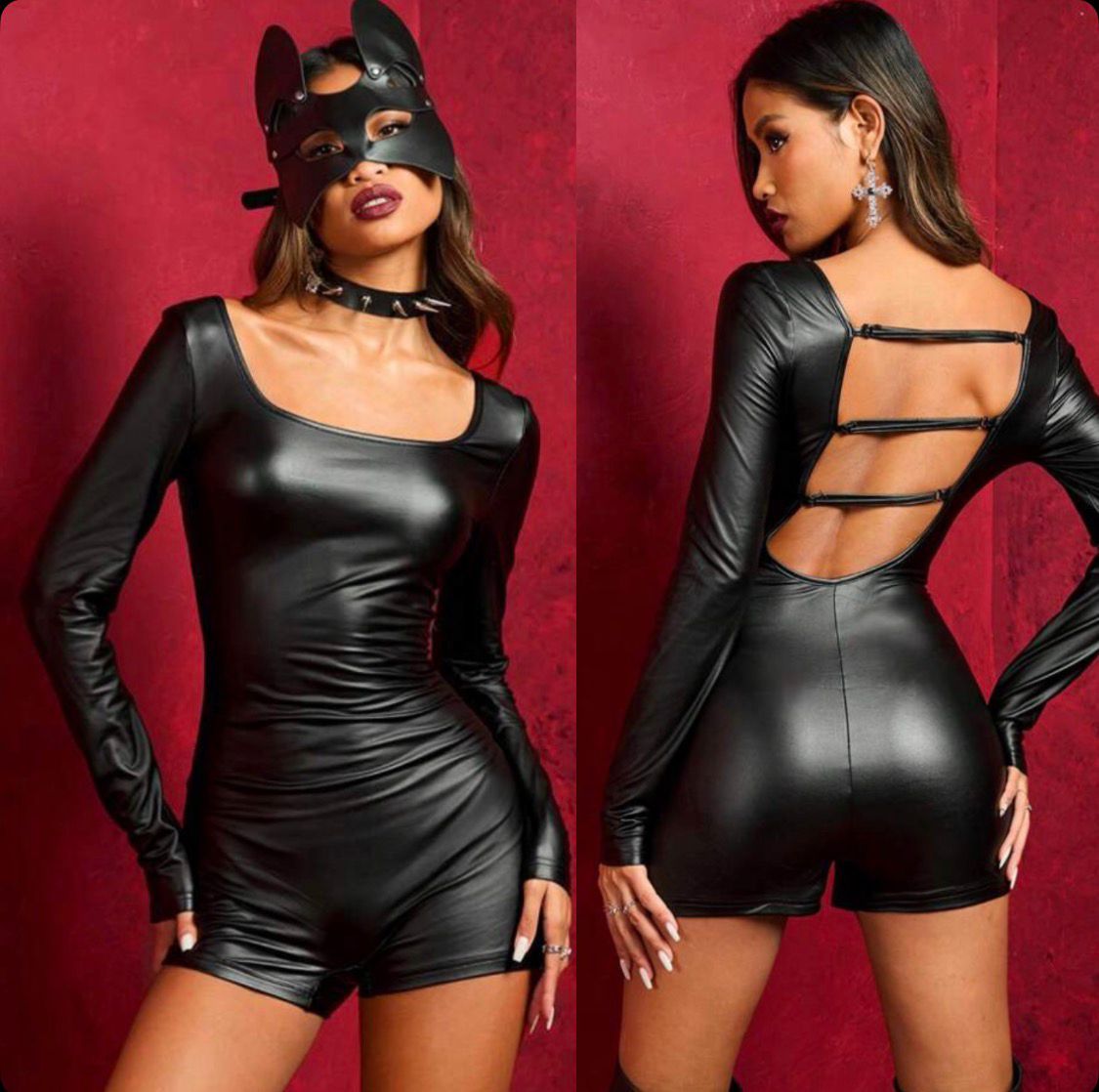 Enterizo Cuerina Corto Ajustado con Manga Larga