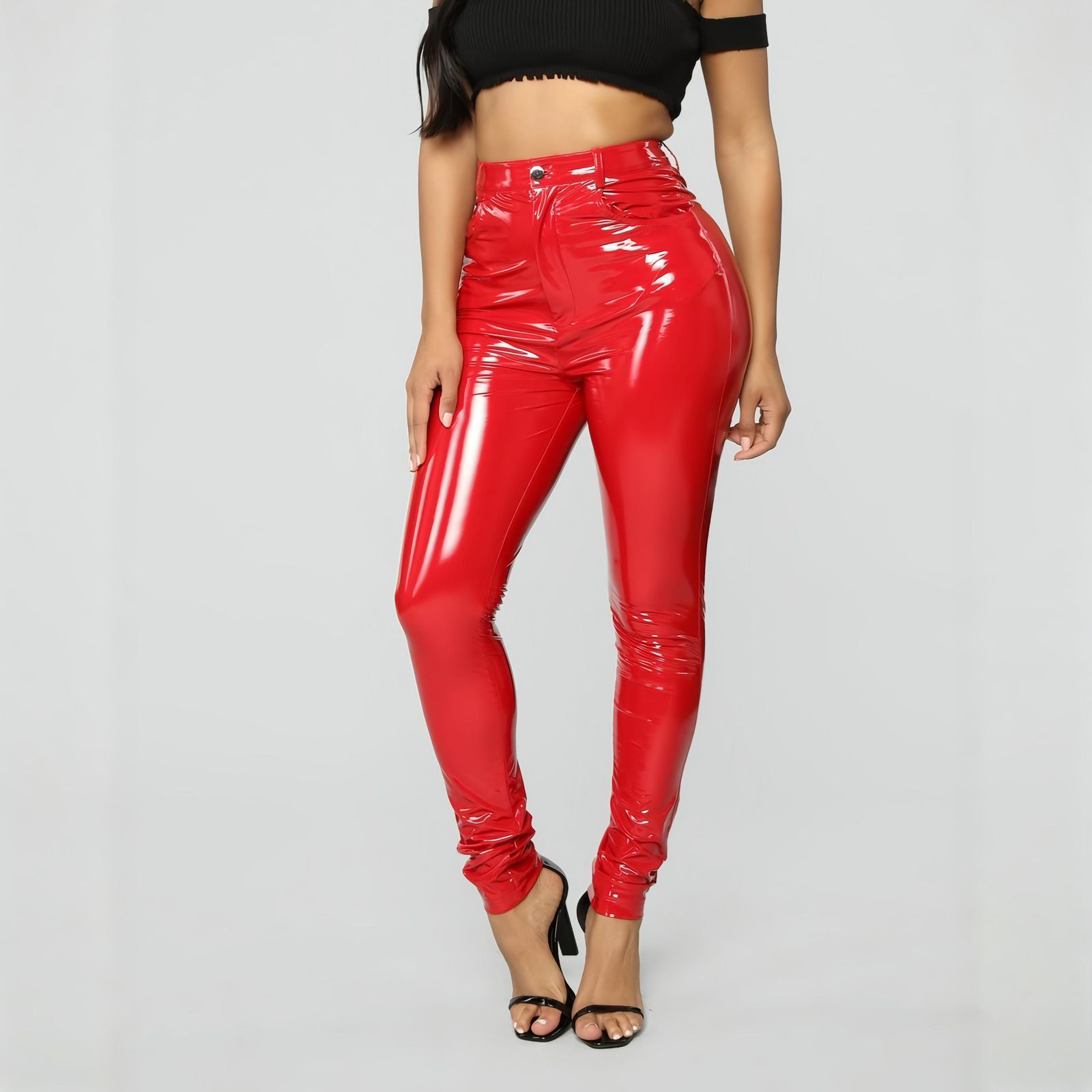 Pantalón Charol Ajustado con Falsos Bolsillos