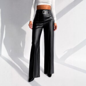 Pantalón Ancho con Cortes Cinturón y Hebilla