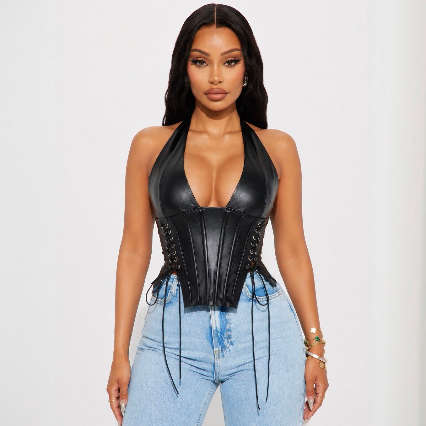 Corset Cuerina con Ojaletes Laterales Ajustable