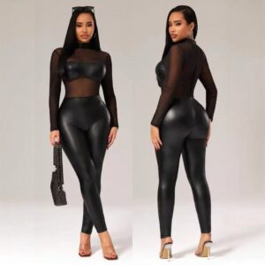 Enterizo Sexy Ajustado En Cuerina y Malla Tex