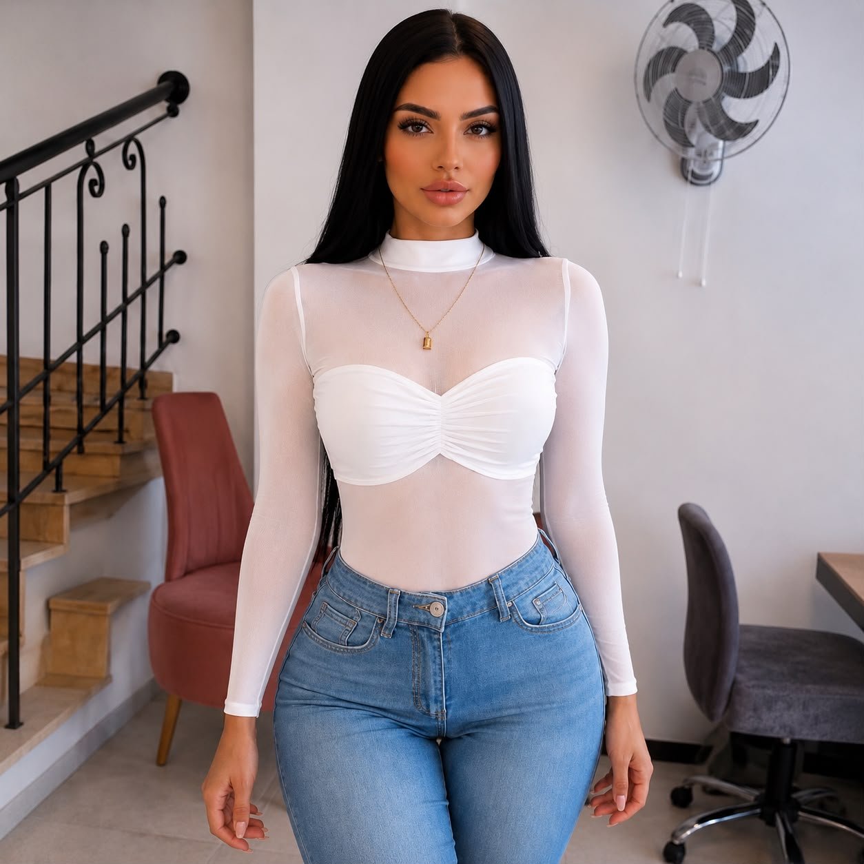 Body en Malla con Cuello Alto y Top Pegado