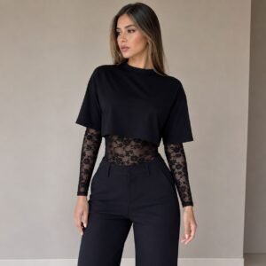 Body en Blonda Ajustado Cuerpo con Blusa Corta